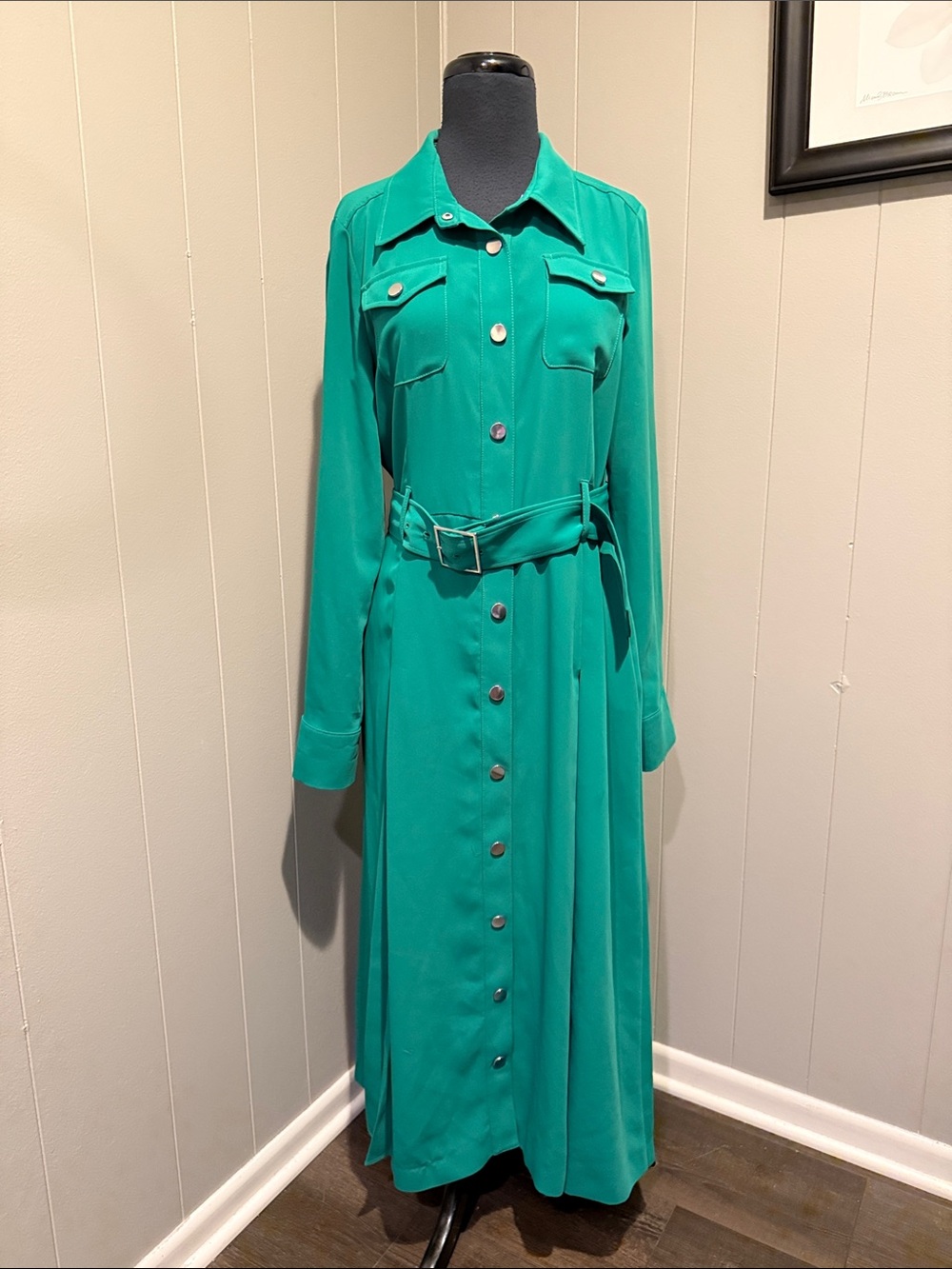 B45 Karen Millen Women’s 8 Green Long Sleeve Maxi Shirt Dress with Belt